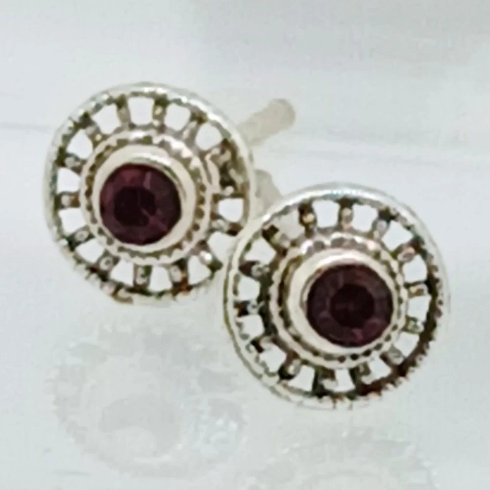 Vintage 925 Sterling Silver Crystal Sunburst‎ Round Stud Earrings Boho Sun Wheel
